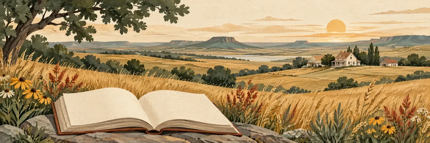 An illustrated great plains landscape with a cottage and an open book.