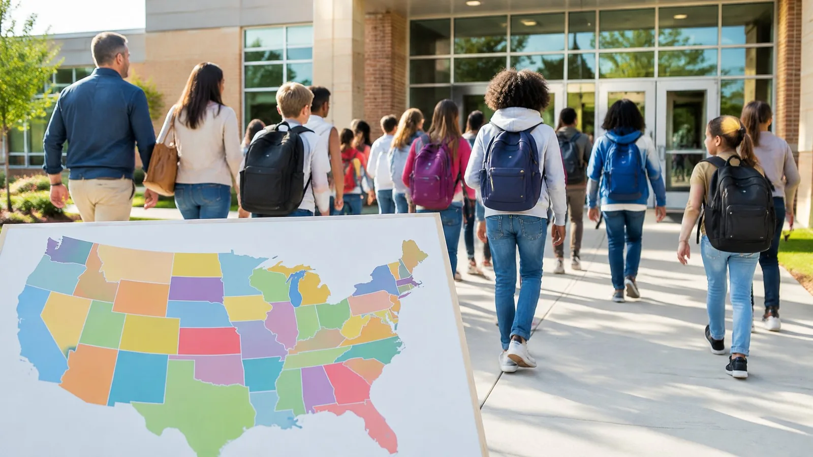 Children with backpacks walk toward a school beside a map of the United States.