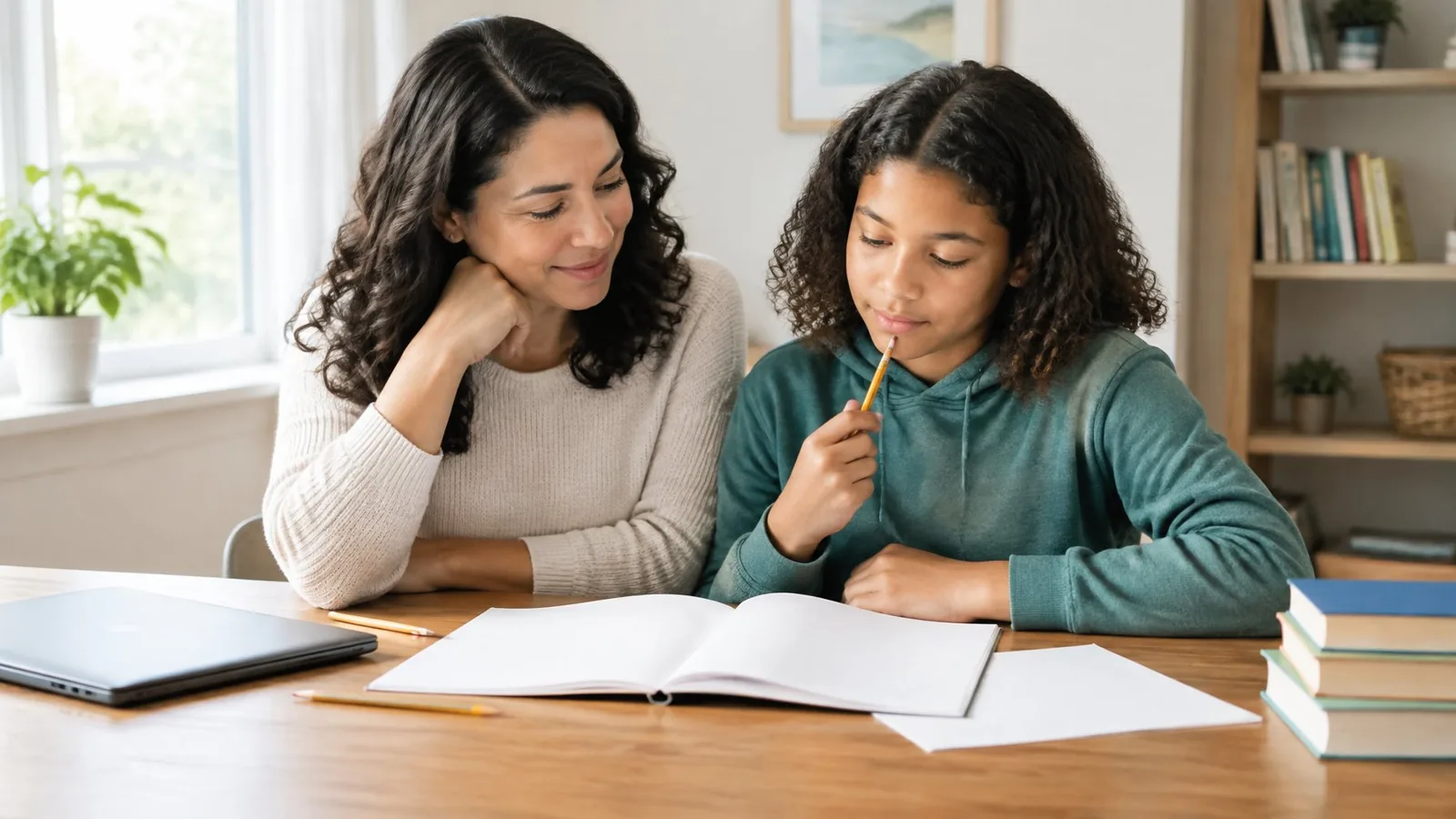 A parent and child sit together at a home study table with a blank test booklet and school supplies.