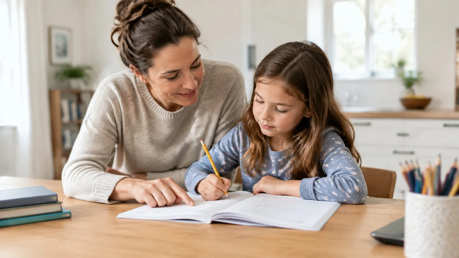A parent helps a school-age child with a lesson at a table at home.