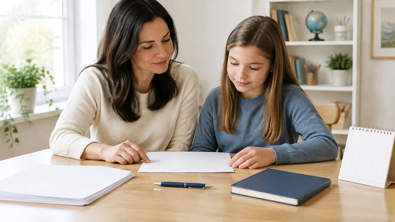 A parent and child review papers together at a table in a home.