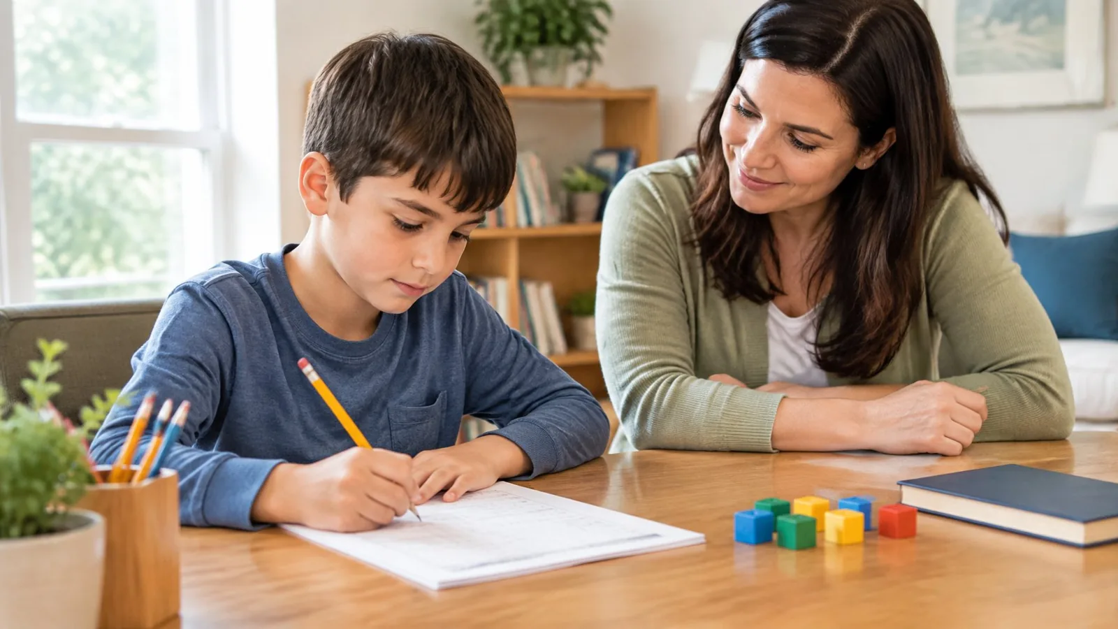 A child works at a desk while an adult observes and offers guidance.