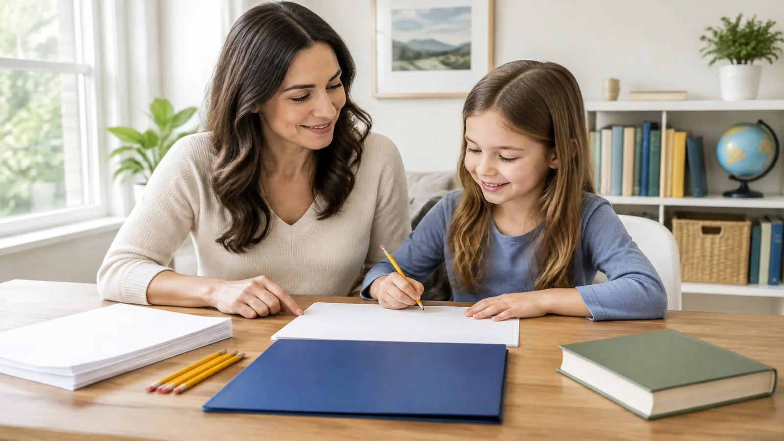 A parent and child organize school supplies together at a home table.