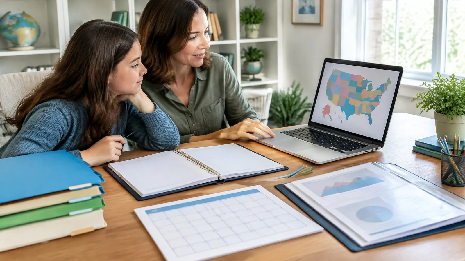 A parent and child organize homeschool records beside a map of the United States.
