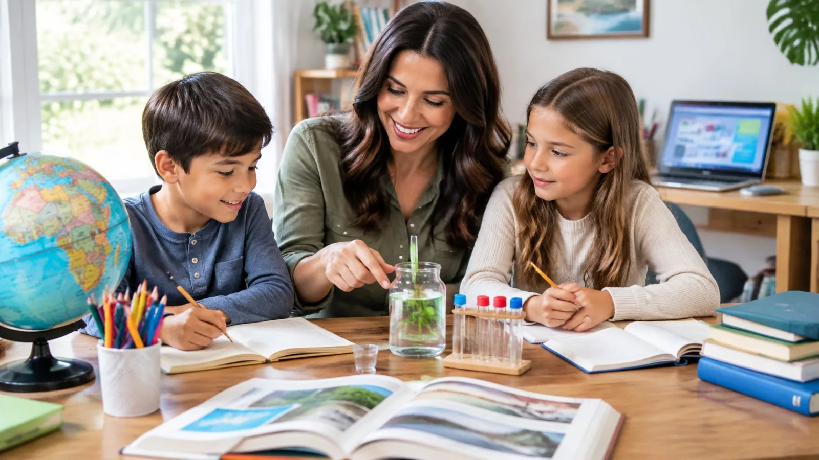 A parent and two children work together at a table during a homeschool lesson.