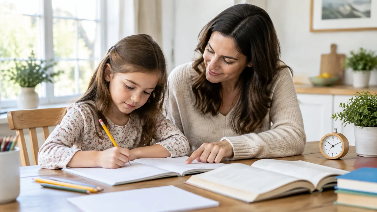 A parent helps a child study at a table at home.