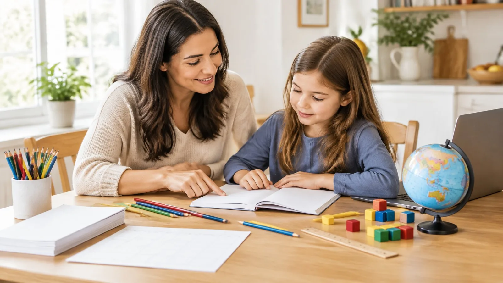 A parent and child sit together at a table with books and school supplies.