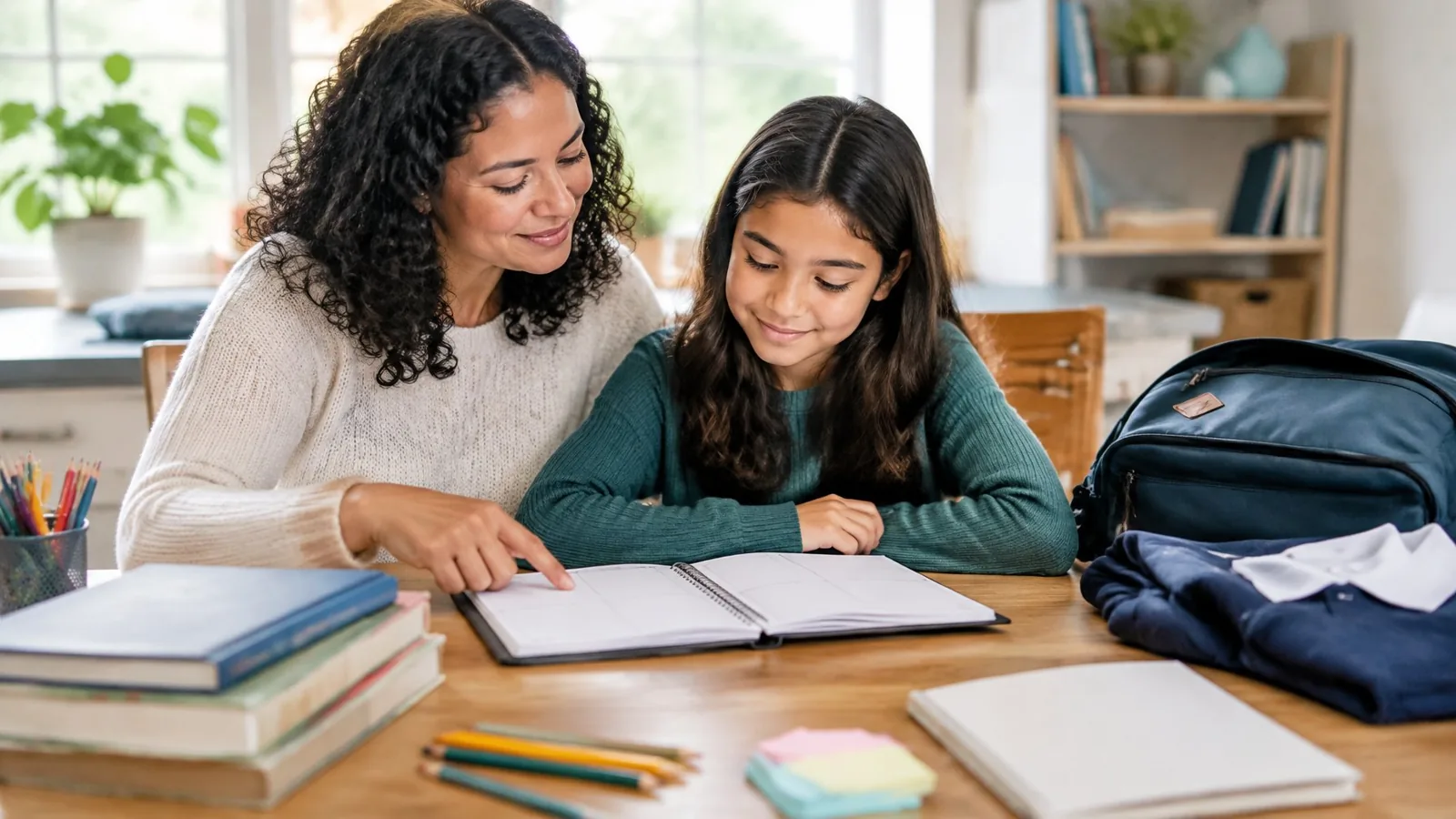A parent and child sit together at a table with homeschooling supplies.