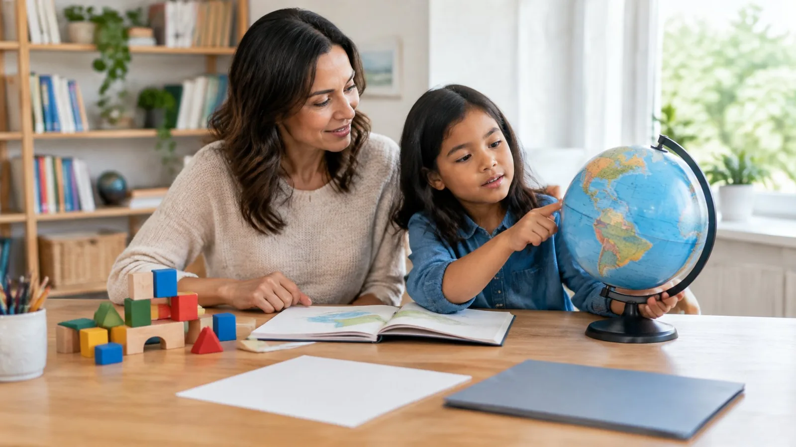 A parent and child explore learning materials together at a kitchen table.