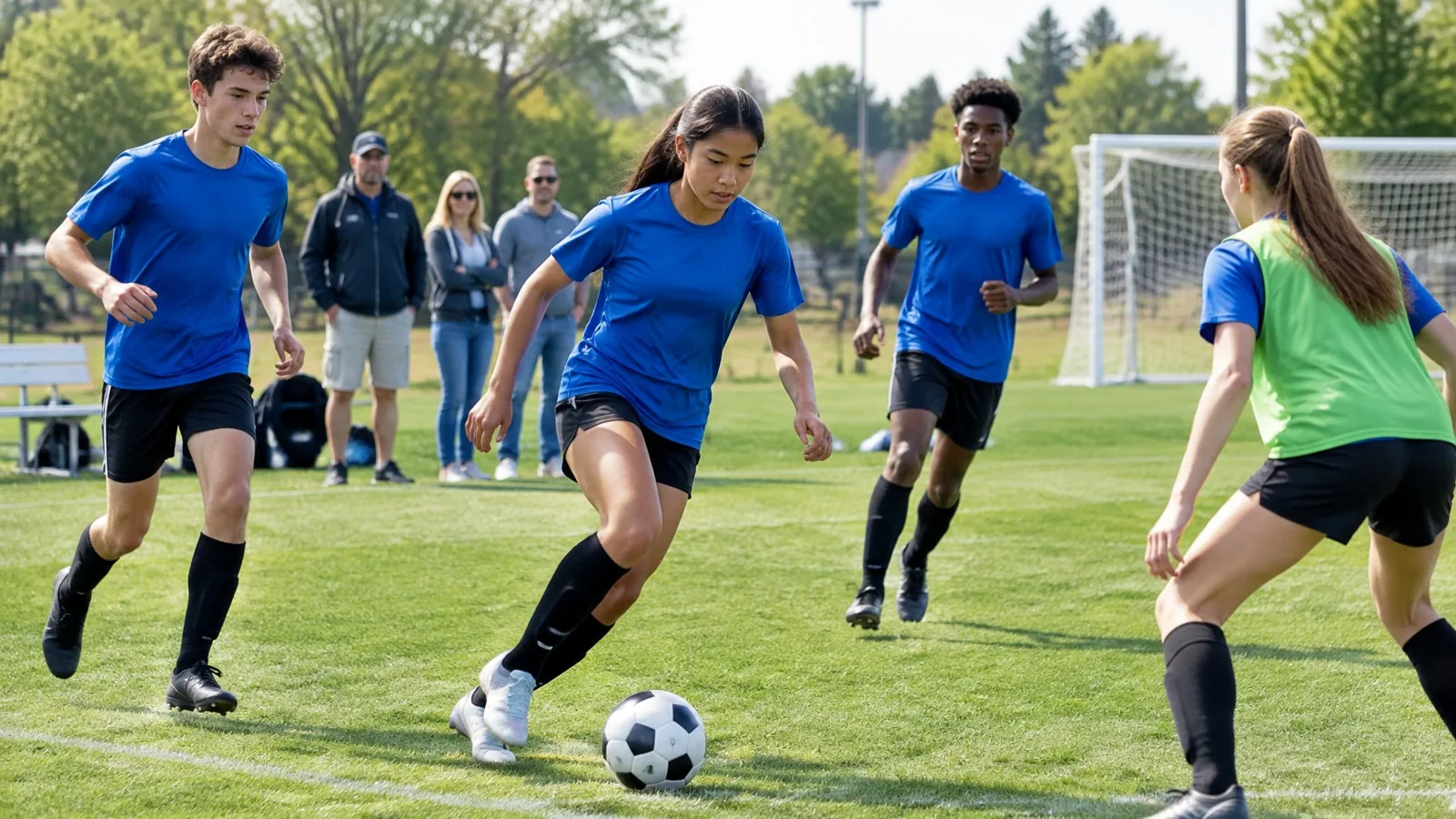Teenagers practice soccer on a field while a coach and parents watch.