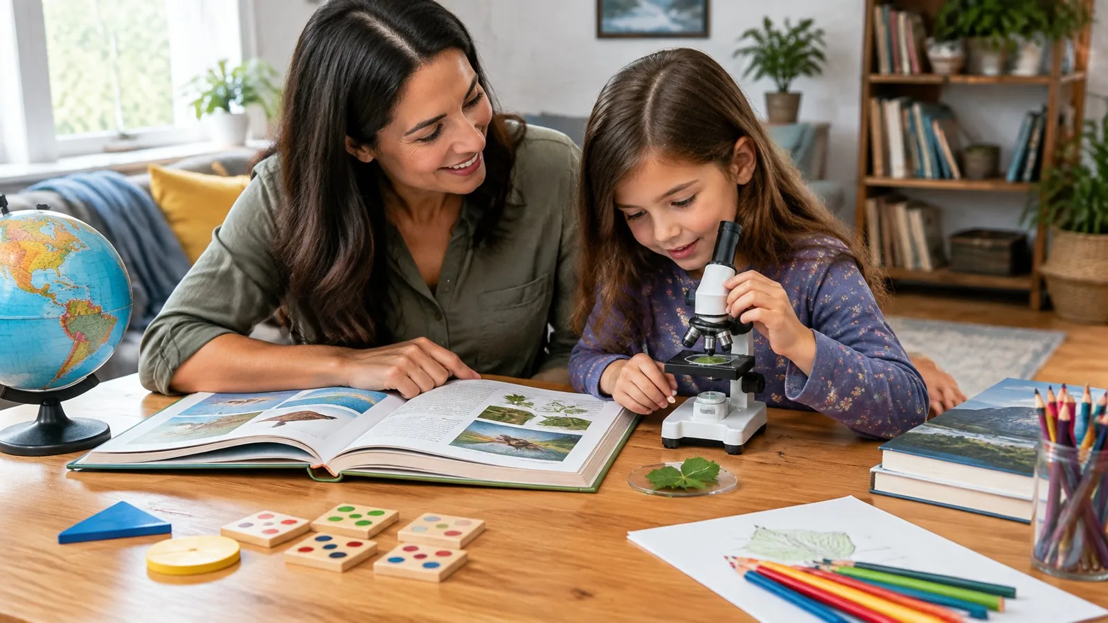 A parent helps a child study with books, math materials, a globe, a microscope, and art supplies.