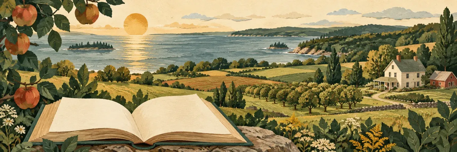 An illustrated midwest landscape with a cottage and an open book.