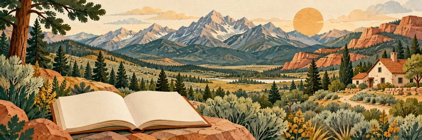 An illustrated mountain west landscape with a cottage and an open book.