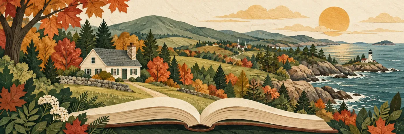 An illustrated northeast landscape with a cottage and an open book.