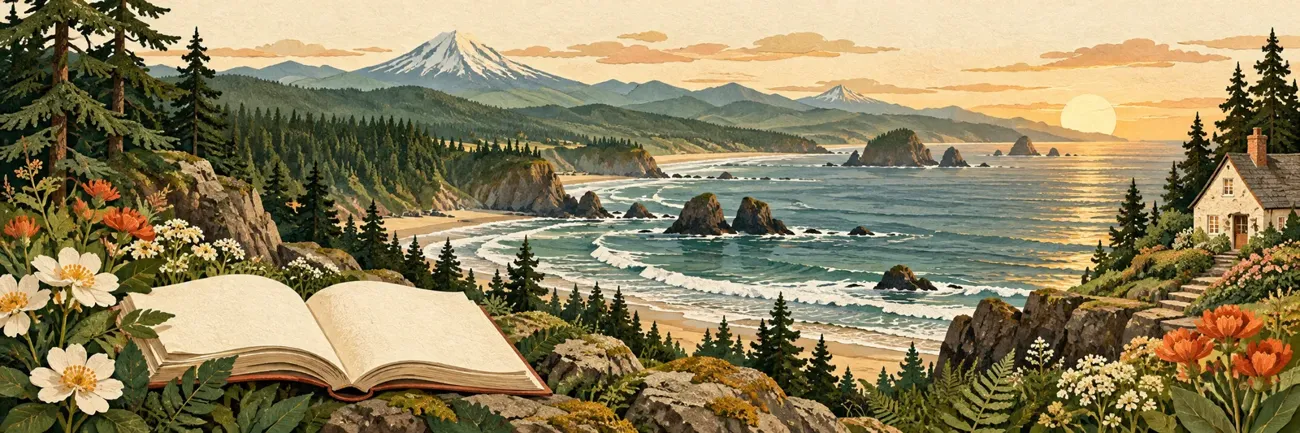 An illustrated pacific landscape with a cottage and an open book.