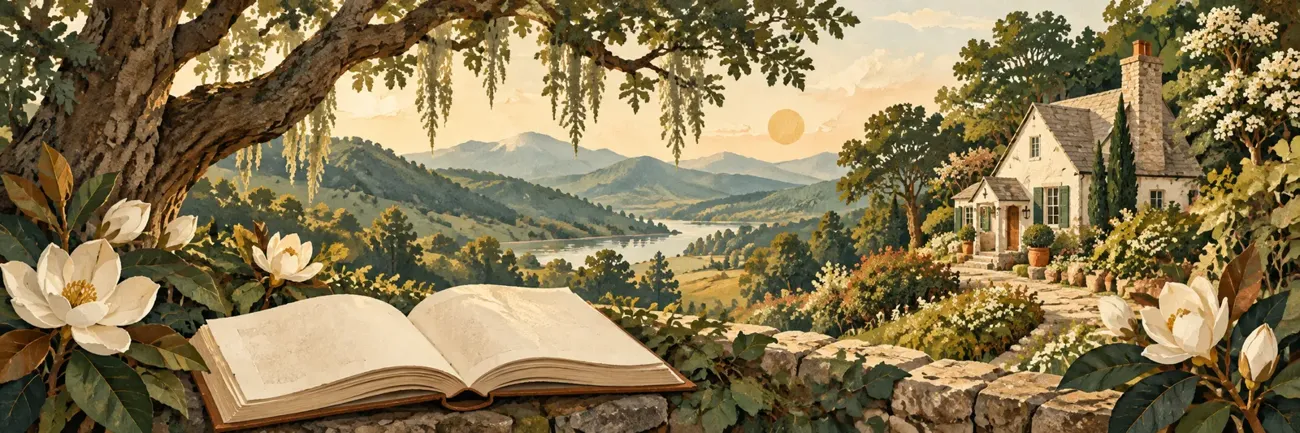 An illustrated southeast landscape with a cottage and an open book.